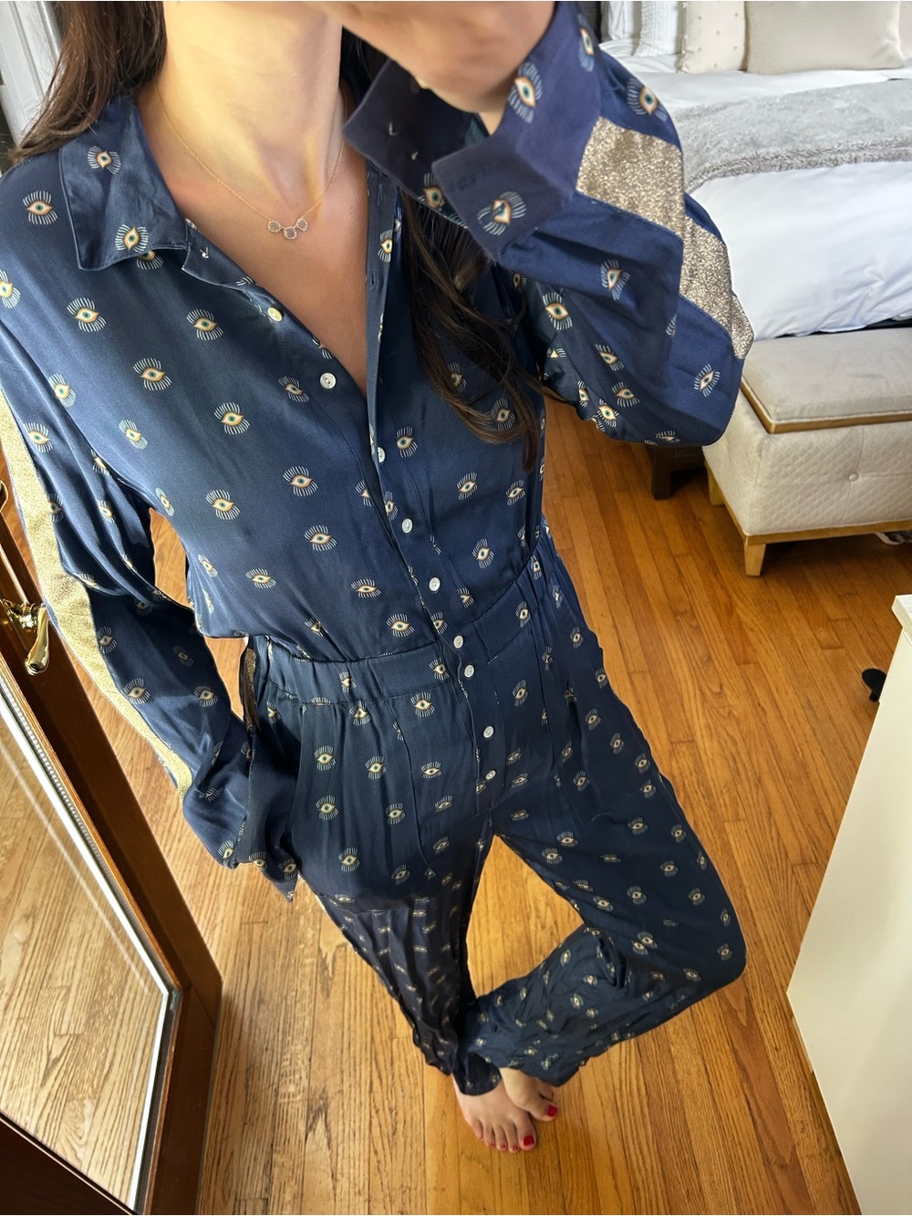 FARM Rio Navy Eye-Print jumpsuit with Gold and Teal Accents